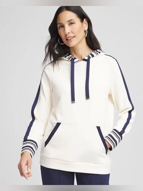 Chico's Zenergy® Striped Double-Knit Hoodie Striped Navy and Cream Hoodie Size 0